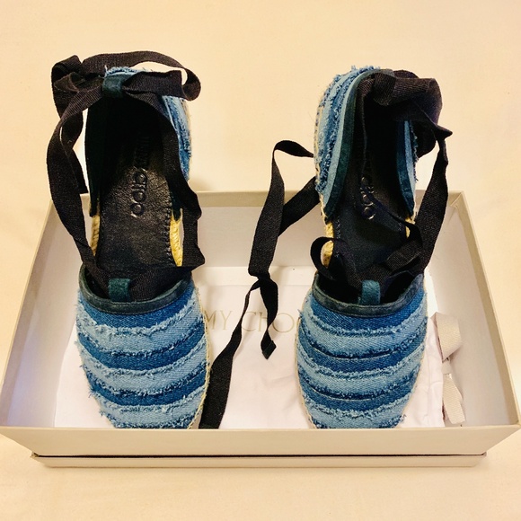 NWT JIMMY CHOO DENIM STRIPE WRAP ESPADRILLE 6.5 - Picture 4 of 8